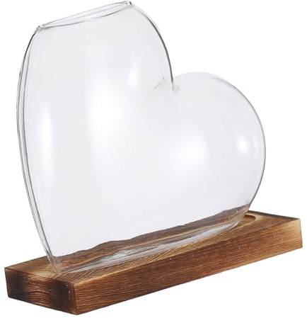 TOYANDONA Vase en Verre de Cœur pour Plantes Hydroponiques avec Support en Bois, Station de Propagation Élégante pour Bureau et Décoration Intérieure