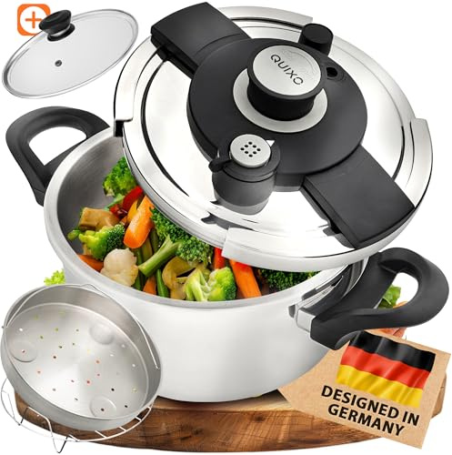 QUIXO Schnellkochtopf 4L VitaSmart Dampfkochtopf Induktion | Quicksafe-Verschluss mit Kochsignal, 2 Garstufen (4L + Garkorb & Glasdeckel)