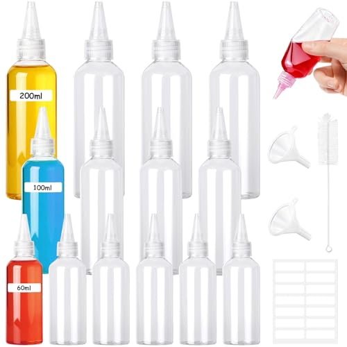 14 Stück Squeeze Flasche-Set(60ml/100ml/200ml), Klein Kunststoff Quetschflasche, Soßenflaschen, Saucenflasche,Spritzflasche mit Trichter, Etiketten, Bürste, Dosierflasche für Sauce, Olivenöl, Pigment