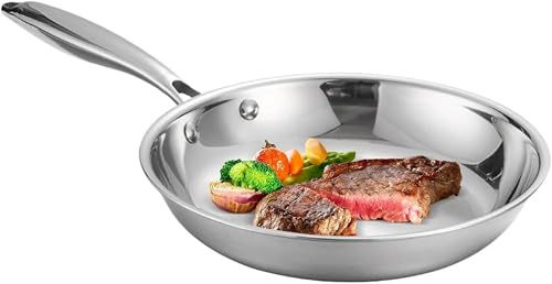 Generico Padella acciaio inox 24 cm, padella professionale senza antiaderente, riscaldamento uniforme, adatta per induzione e forno, cucina domestica e ristorante(24cm)
