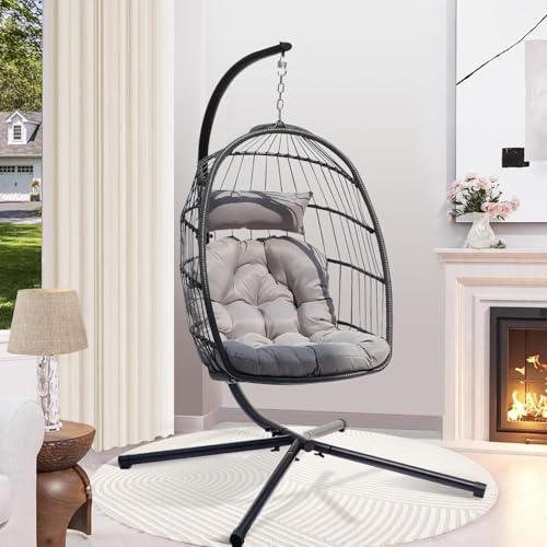 Veathzet Silla Colgante de Jardín, Sillas Tipo Huevo para Interior y Exterior, Silla Hamaca Plegable de Ratán con Cojín Reposacabezas para Patios,Jardines, Dormitorios y Balcones
