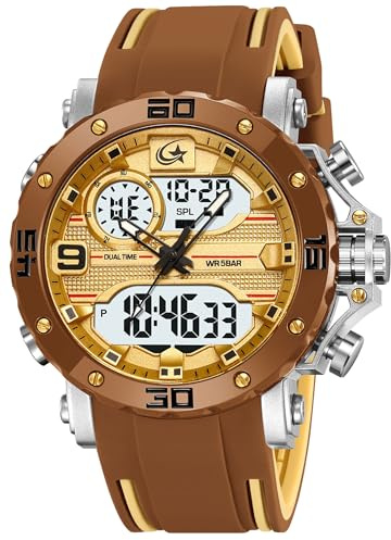 findtime Herrenuhr Militär Digitale Analoge Sportuhr Outdoor Dual Time Wasserdicht LED Beleuchtung Groß Zifferblatt Uhren für Männer Mit Wecker Datum 12/24 Stunden Stoppuhr Chronograph Tactical Braun