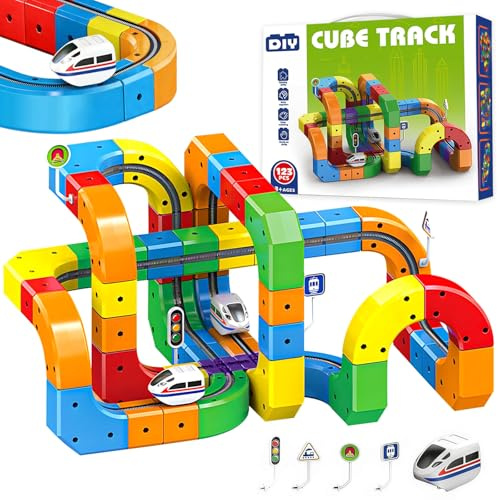 123Pcs Set Trenino Elettrico,Blocchi Magnetici & Treno Motorizzato,Set Di Binari Magnetici Fai Da Te,Blocchi Cubici Pista con Layout 3D Antigravità,Regalo Treno Elettrico per Bambini