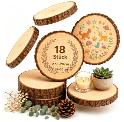 18er Set Holzscheiben 16-20 cm Durchmesser, Baumscheiben Naturholz mit Rinde, 15 mm Dick, Runde Holzscheiben zum Basteln, Ungebohrt für DIY, Lasergravur, Hochzeit, Tischdeko &Holzscheiben Deko