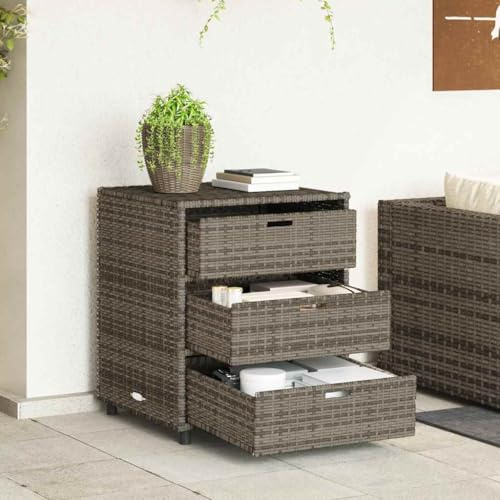 Garden Cabinet Grey Poly Rattan with 3 Drawers 55 x 59 x 69 cm Weatherproof for Garden Balcony Patio Robust Steel Frame Spacious Storage and Protection of Cushions and Pool Accessories