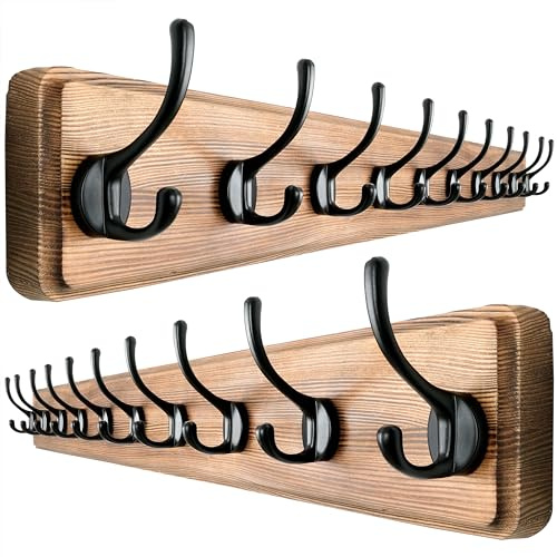 Dseap Garderobe, 97cm Lang Robust Hakenleiste Garderobenleiste Holz mit 10 Haken, Garderobenhaken Wand, Kleiderhaken für Mantel Kleidung Hut Jacken Schals,Natur,2 Stück