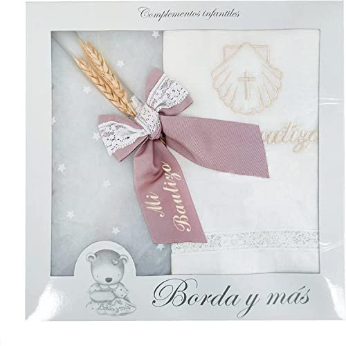 Kit de vela y pañuelo para bautizo – Pack de vela decorada para Bautizo y Paño bordado - Modelo París (Rosa Maquillaje)