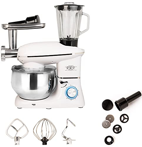 AMC Robot da cucina multifunzione 3 in 1 impastatrice planetaria, mixer frullatore, tritatutto capienza 6,5 litri 2120W extra potente, trita carne accessori inclusi (Bianco)
