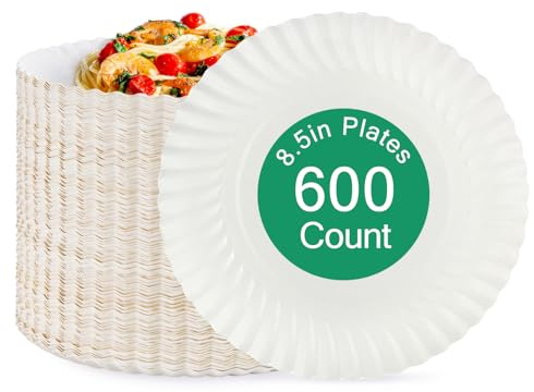 JOLLY PARTY 8.5 inch Paper Plates Uncoated,600 Count Everyday Disposable Plates, Light Weight Paper Plates White, Round Dinner Plates, Large Plate Lunch, for Home and Office