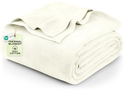 Utopia Bedding Ivory 100% Cotton Blanket [King Size - 90x108 Inch] 350GSM Lightweight, Soft and Breathable Thermal Blanket for All Seasons