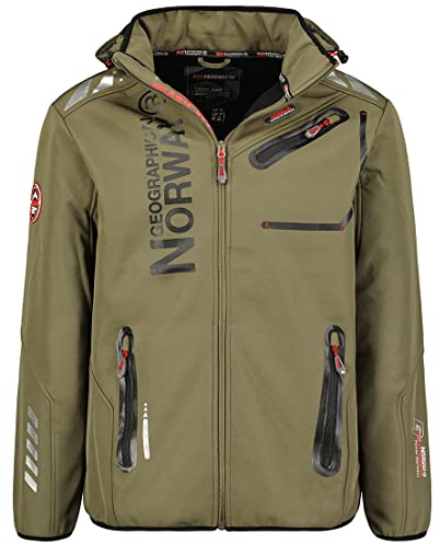 Geographical Norway Royaute män – mjuk skaljacka med huva man vattentät – utomhus rock taktisk vindjacka resistent – vandring skidor höst vinter vår, Khaki svart, XL