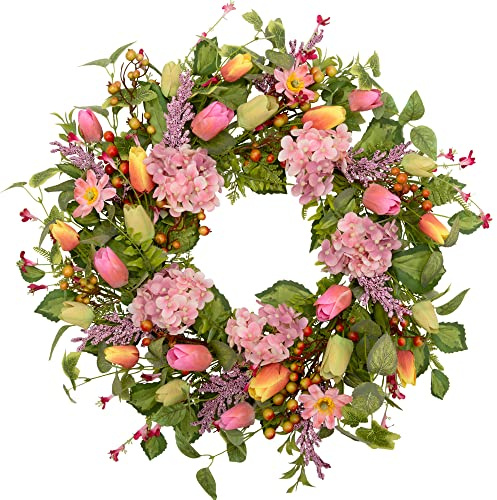 VGIA 20 inch Spring Summer Wreath for Front Door Artificial Floral Decorations with Pink Tulip Hydrangea and Green Leaves for Wall Window Farmhouse Home Decor