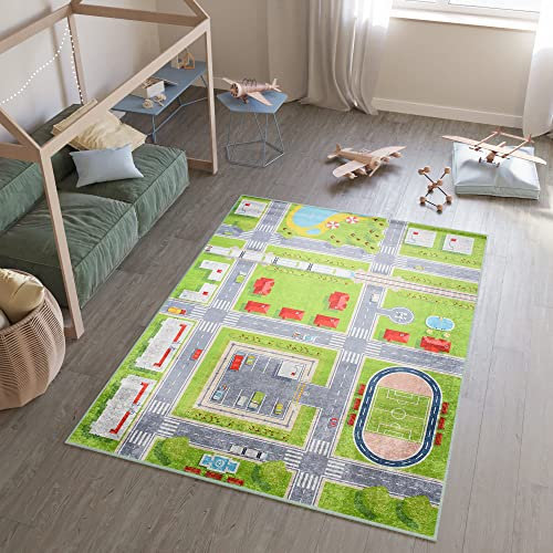 TAPISO Emma Teppich Waschbar bei 30 Grad Grün Grau Straße Verkehr Häuser Stadt bedruckter Kinderteppich Antirutsch Kinderzimmer Jugendzimmer Modern ÖKO-TEX 160 x 230 cm