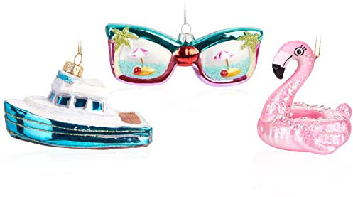 BRUBAKER Weihnachtskugel Set Strand Urlaub - Sonnenbrille Boot und Flamingo Schwimmring - Handbemalte Baumkugeln - Christbaumschmuck aus Glas für Reisende Urlauber - 3tlg. Baumschmuck Lustig
