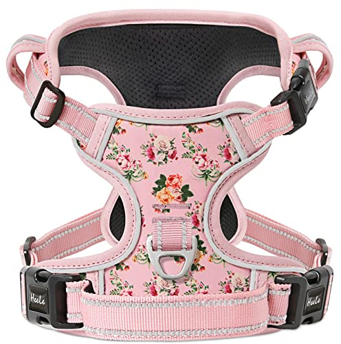 HEELE Hundegeschirr für Hunde, Weich Atmungsaktiv Einstellbar Reflektierend Anti Zug Hundegeschirr mit Gepolstert Grifff, 3 Schnallen, Geblümt-Pink, XS
