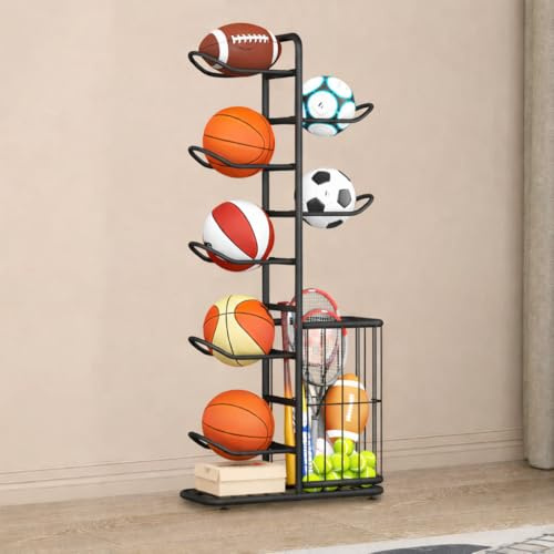 MLUPODY Estante organizador de pelotas deportivas de 7 unidades – Soporte metálico multifuncional para garaje o interior, ideal para balones, juguetes y equipo deportivo, color negro (146 cm de alto)
