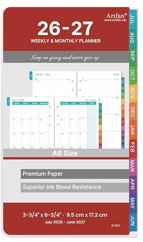 2026-2027 Planner Refills - Planner Refills 2026-2027 from JULY 2026 - JUNE 2027, Weekly and Monthly Calendar 26-27, 3.75 x 6.75 inch, 6 Holes, A6 Size - Red