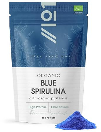 Polvo de espirulina azul orgánico, 50 g, ficocianina 100% natural para batidos, colorante e ingrediente azul vibrante, rico en proteínas, bolsa resellable y reciclable Alpha01