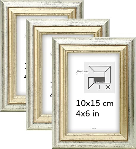 Pix FRAMES Bilderrahmen 10x15 cm - Set x3 Fotorahmen Holz mit Plexiglas | Retro Rahmen zum Aufhängen und Aufstellen - Gealterter Fotorahmen - Silber-Gold