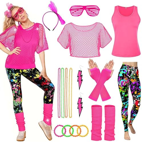 HIQE-FL 80er Jahre Accessoires Outfit Damen,Damen 80er Jahre Workout Kostüm,80er Jahre Accessoires,mit Bauchtasche,4 Perlen Neonhalsketten,für Karneval,Fasching,Mottoparty.