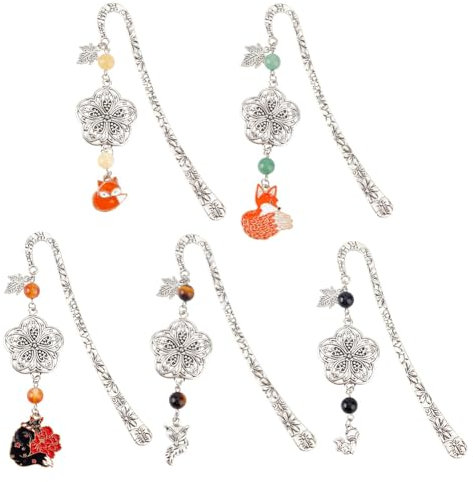 DELORIGIN 5 Stück Lesezeichen Metall Mit Blumen 5 Stile Perlen Lesezeichen Fuchs Lesezeichen Stein Anhänger Lesezeichen Vintage Bookmark Zum Hängen Lesezubehör Für Schüler Buchliebhaber Bürogeschenk