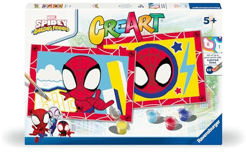 Ravensburger CreArt 5 Years Junior: Spidey — Malen mit Zahlen für Kinder ab 5 Jahren, Malset mit 2 Brettern, ergonomischem Pinsel und Farben, 32 x 22 cm, Geschenkideen für Kinder ab 5 Jahren
