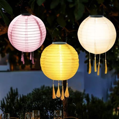 3er-Pack Solar Lampions Außen Wetterfest - Solar LED Laterne, Wasserdicht Nylon Hängende Gartenlaterne 20cm, Solarlampions für Außen Garten, Halloween Fest Deko (Stil A)