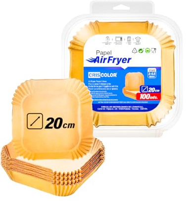 Criscolor Backpapier für Luftfritteuse, 100 Stück, quadratisch, 16-20 cm, Antihaft-Papier zur Verwendung ohne Öl, Luftfritteuse, auch für Ofen und Mikrowelle, Einwegformen, BPA-frei.