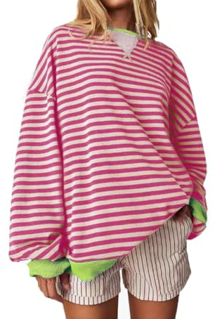 SUYUKU Damen Sweatshirt Gestreift übergroßer Pullover Langärmelig Rundhalsausschnitt Lässiger Pullover Damenmode Y2K Sweatshirts Damen Farbblock Bequem Lockeres Oberteil S-XXL