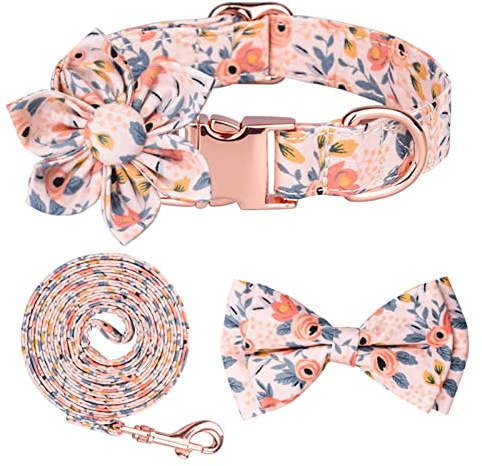 Hundehalsband und Leine Set mit Blumen für mittlere und große Hunde, Hundehalsband mit Blumen und Fliege, verstellbares Halsband, Geschirre, Halsbänder Leinen für Hunde (Blumiges Orange, L)