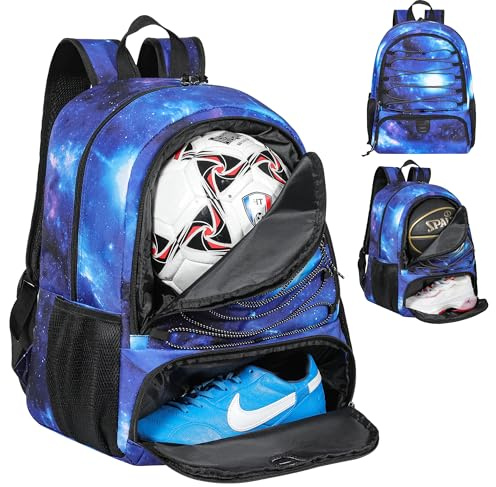 Fußballtasche für Herren, mit Ball- und Schuhfach, 32 l Fassungsvermögen, leicht, atmungsaktiv, für Jungen und Mädchen, Basketballtasche, Rucksack, passend für Volleyball, Sternenblau