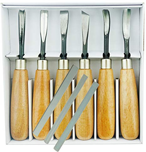 QZHDX Ensemble de 6 Ciseaux à sculpter, cuillères à sculpter, Bols, Outils de Bricolage avec 3 Pierres à aiguiser de différentes Formes pour Tour à Bois