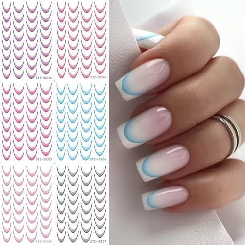 Auiremrti Französischer Farbverlaufslinie Nailart Sticker,6 Blätter Selbstklebende Nagelsticker,French Nail Art Design,Aufkleber für Nägel,Nagelzubehör für Maniküre