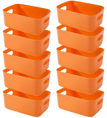 EURXLQ 10 Storage Box Plastic Storage Basket with Handles 15×12×6 cm Bathroom Organiser Kitchen Cabinet Baskets Sorage Plastic Box for Bathroom Kitchen (Orange)