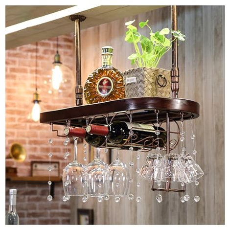 Estante ajustable de metal para copas de vino con estante montado en el techo, soporte para copas de vino para bar, cafetería, cocina, color nogal negro (tamaño: )