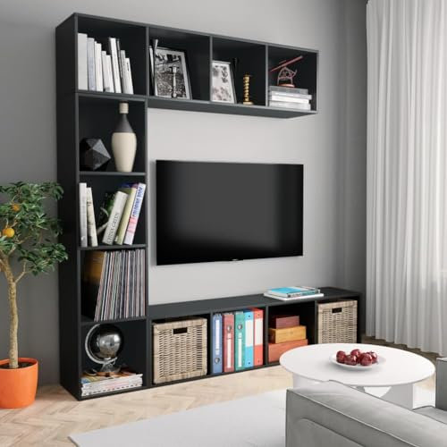 Festnight Pensile Soggiorno Mobile Porta TV Mobile TV Parete Attrezzata Soggiorno Mobile TV Sospeso Parete Attrezzata TV Set Mobili Libreria/Porta TV 3 pz Nero 180x30x180 cm