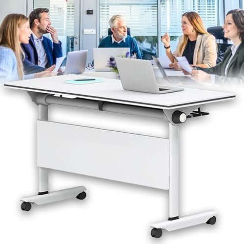 MOFGOE Weißer Konferenztisch, Klappbare Konferenzraumtische mit Flip-Top-Design, Moderner mobiler Schulungstisch mit Rädern, Rechteckiger Konferenztisch fürs Büro,47x24x30in