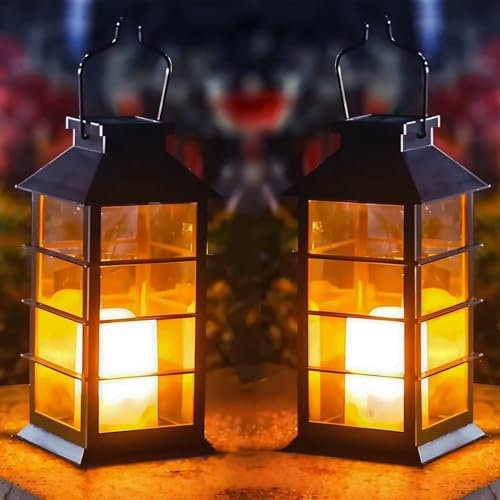 Joysing Solar Lanterns for The Garden 2 Pack Hanging Solar Lights Outdoor Garden Lantern with Flickering Glow Candle, Auto On/Off Christmas Lantern Waterproof Hanging Lanterns for Path Xmas Decoraton