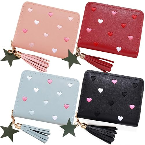 PIGIAOKA 4 Pcs Girls Purse, Cute PU Leather Kids Wallet Coins Pocket Purse Credit Card Holder Zipper Wallets with Embroidery Hearts Ladies Purses with Star Pendant Tassels for Teens Girls Ladies Women