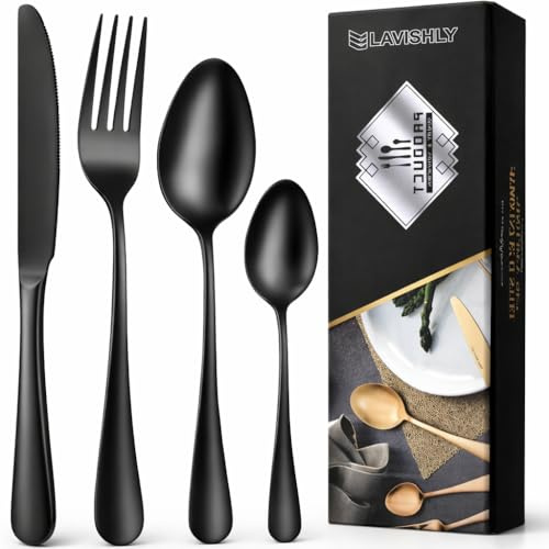24-Piece Black Stainless Steel Flatware Set, LAVISHLY Mirror Polished Cutlery for 6 People, Durable & Dishwasher Safe Tableware