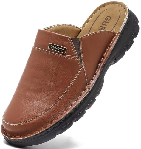 GURGER Mules Hombre Piel Verano Puntera Cerrada Sandalias Cuero Zuecos Marrón Rojo 44
