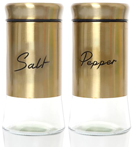 Salt Shaker, Salt and Pepper Shakers Set 150ml Glass Salt and Pepper Shakers with Stainless Steel Lids Refillable Spice Shaker Accessories for Kitchen Restaurant Gold