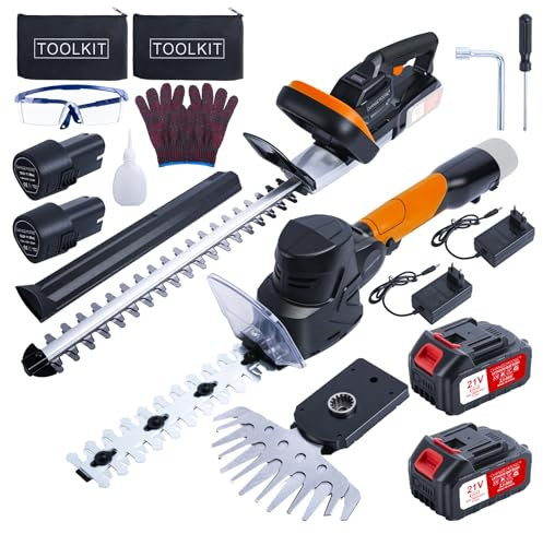 CHANGEMOORE Kit Tagliasiepi a Batteria 21V, 48CM Lama in Acciaio 65MN, Motore Brushless 400W, 4 Batterie Incluse, 3-in-1 con Taglio Erba e Siepe, Leggero, Silenzioso, e caricabatterie B