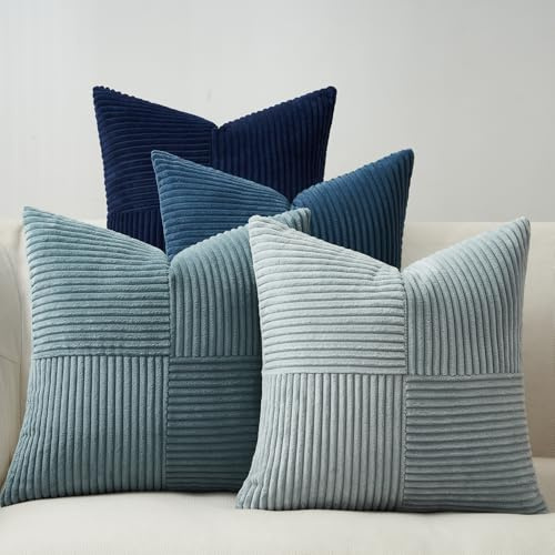 Topfinel Sofakissen Kissenbezug 50x50 blau 4er Set Dekokissen Cord Kissenhülle Kissenbezüge Deko für Sofa Schlafzimmer Wohnzimmer Dekokissenbezug Sofakissen Dekokissen Balkon Flauschig Farbverlauf