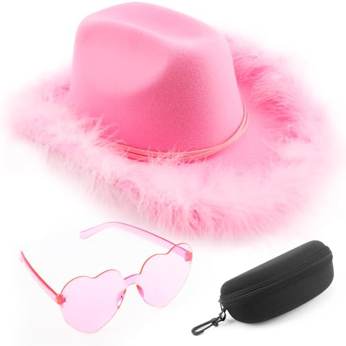 DRESHOW Cappello da Cowboy Donna con Piume Soffici Cappello da Cowgirl con Cuore Occhiali da Sole Set Cappelli da Cowboy in Feltro Occidentale per Cowgirl Costume di Halloween Compleanno e Addio al