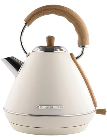 Hamilton Beach Electric Kettle, Scandi 1.7L, Pyramid, Boil Dry Protection, Auto Shut Off, Water Level Window, Stay Cool Handle, Ergonomic Grip, Matte Cream with Wood Effect - HBK02MC