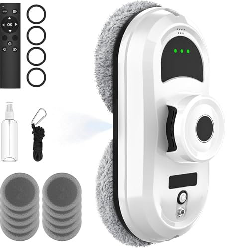 Vtizikl Robot Window Cleaner UK, Window Vacuum Cleaner with Water Spray, 3 Cleaner Modes, Safety System, Smart Navigation, 10 Cloths and Remote Control, Suitable for Windows, Tiles (White)