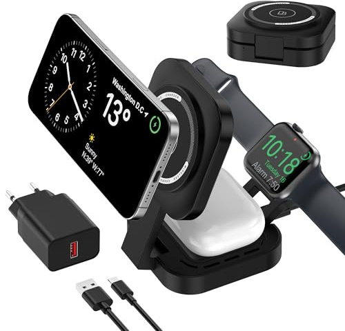 Chargeur sans Fil 3 en 1 pour appareils Apple, Chargeur Induction, 3 en 1 Station de Charge Rapide pour Magsafe iPhone 17/Air/16/15/14/13/12, Apple Watch, AirPods Pro/2/3/4 (Adaptateur Inclus) (Noir)