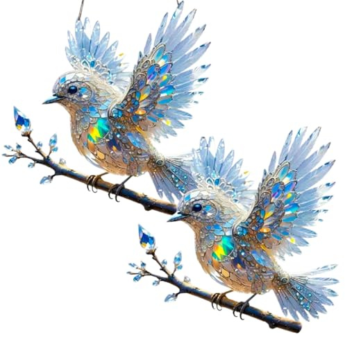 Crystal Sky Bluebird Stained Art Ornament(8 Inches),Diamond Art Blue Bird Suncatchers for Windows, 2D Flat Acrylic Blue Bird Crystal Suncatcher Gifts for Nature Lovers (2pcs)