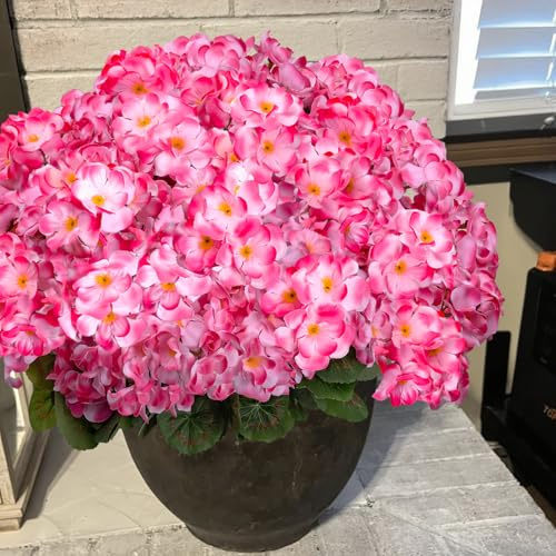 Fezaphy 6 Bündel Künstliche Blumen Pflanzen Outdoor UV Beständig Rosa Gefälschte Geranien Pflanzen Outdoor Künstliche Geranie Seidenblumen im Pflanzgefäß für Garten Balkon Veranda Fenster Dekorationen
